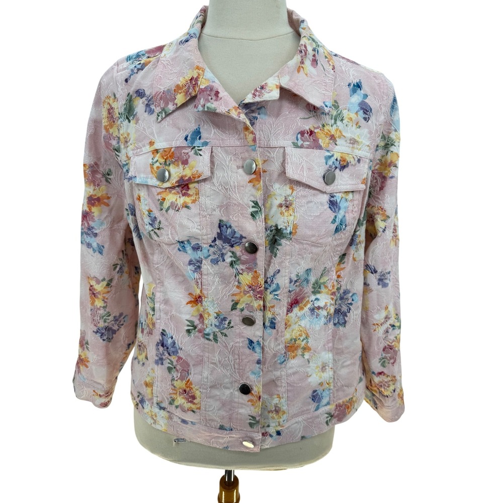 CJ Banks Pink Floral Brocade Denim Jacket Women's 1X Button